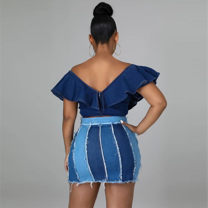 Denim Skirt Women Office Stitching Wind High Waist Elastic Hip Denim Skirt