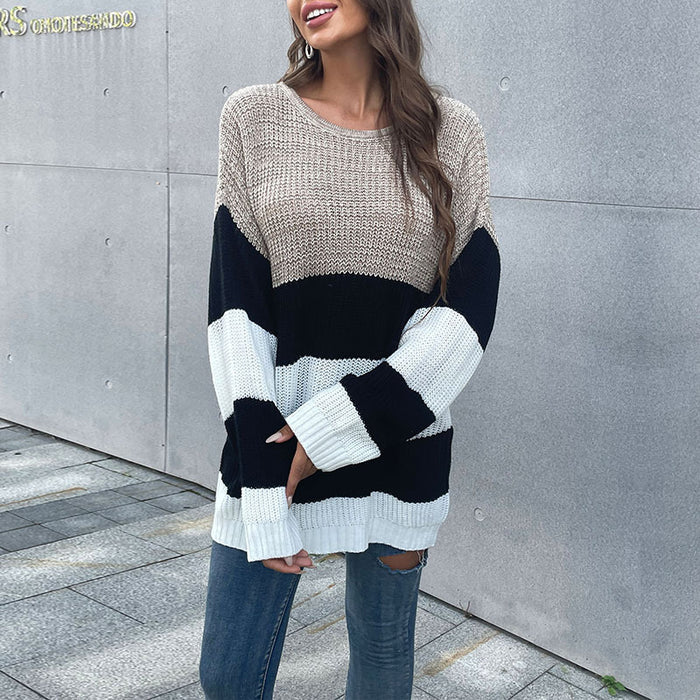 Autumn Inner Wear Mid Length Women Striped Round Neck Knitted Sweater for Women