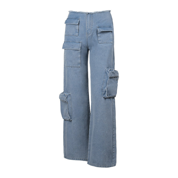 Low Waist Multi Pocket Workwear Jeans Autumn Sexy Straight All Matching Trousers for Women