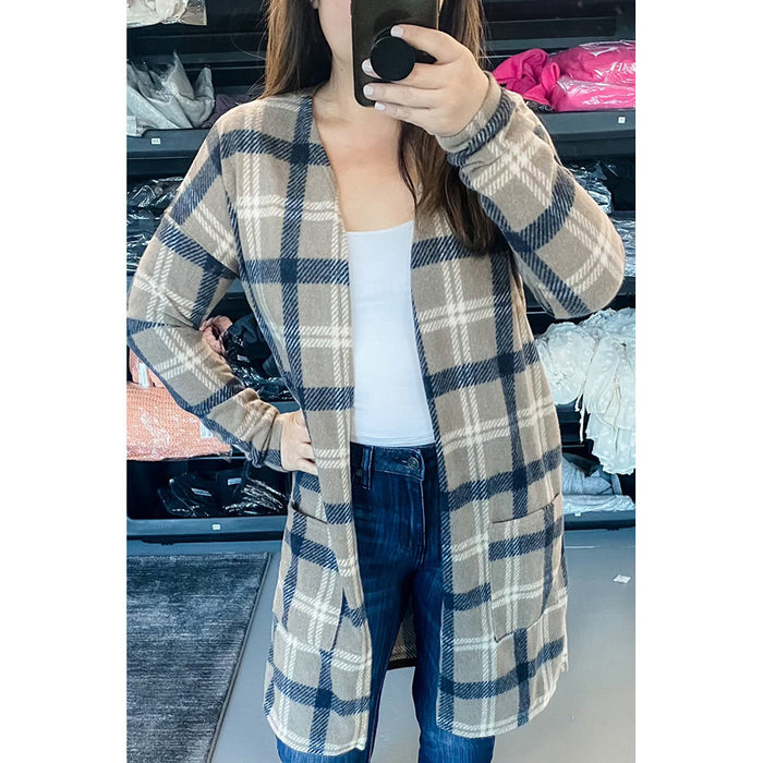 Khaki Plaid Pocket Top Women Autumn Thin Mid Length Outerwear