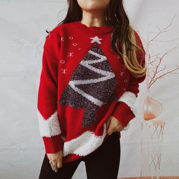 Christmas Sweater Christmas Tree Gold Line Flocking round Neck Long Sleeve Loose Knitted Pullover Women