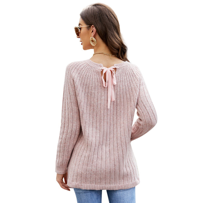 Women Clothing Lace up Pink Sweater Top Long Sleeve Crew Neck Pullover Sweater