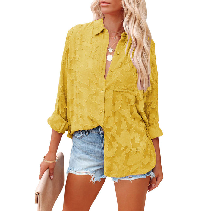 Spring Lace Tulle Long-Sleeved Shirt Women Loose Casual Chiffon Shirt