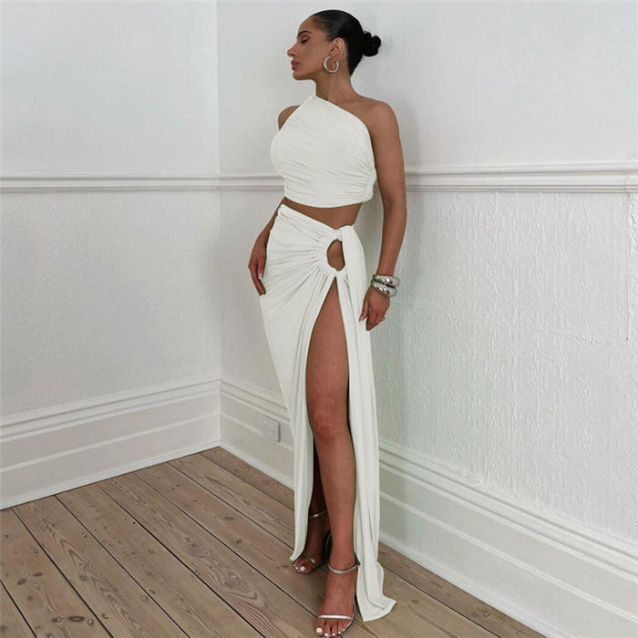 Autumn Winter Women  Clothing Sexy Oblique Shoulder Backless Vest Slim Fit Slit Skirt Set Women