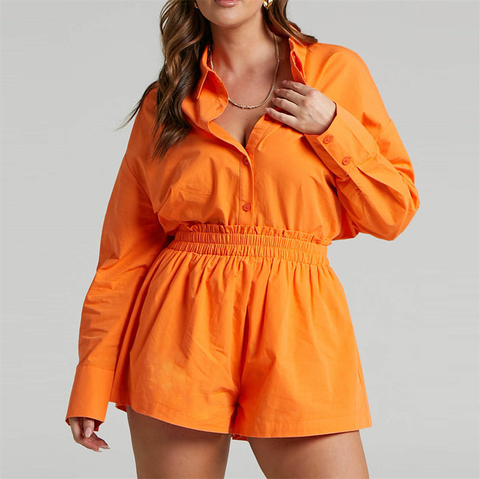 Spring Summer Two Piece Set Solid Color Single Breasted Long Sleeve Collared Shirt Shorts Loose Casual Set