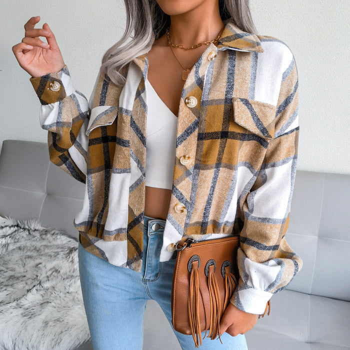 Autumn Winter Plaid Lantern Long Sleeve Woolen Coat Shacket Jacket Women Clothing