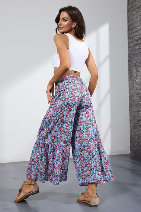 Summer New Digital Printing Women Clothing Loose Casual Cropped Pants Beach Wide-Leg Pants Lace-up Pants