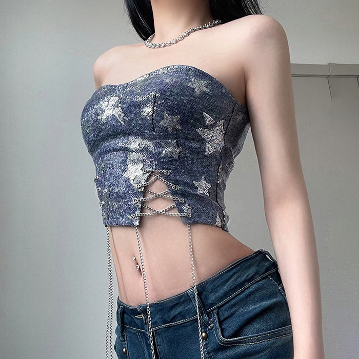 Denim Sequined Star Element Stitching Sexy Small Shawl Tube Top Drawstring Slim Fit Chain Split Inner Vest