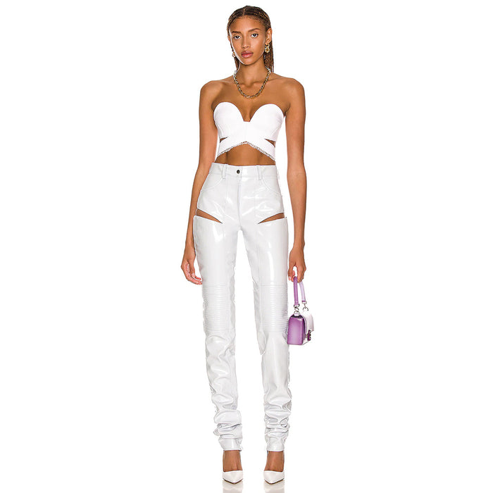 White Low Elastic Lace Lace Collared Blouse Open Faux Leather Hollow Out Cutout Out Trousers Sexy Stretch Two Piece Set Casual Suit