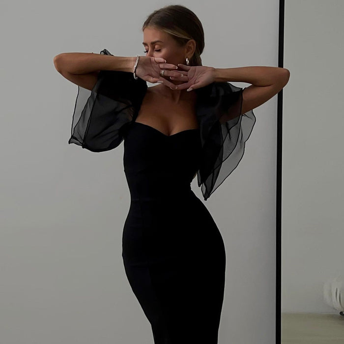 Spring Summer Tight Sexy Dress for Women Black Mesh Ruffle Sleeve Square Collar Midi Dress for Women