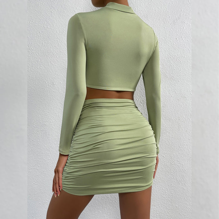 Autumn Winter Sexy Hollow Out Cutout Long Sleeved Hip Skirt Pleated cropped Two Piece Set