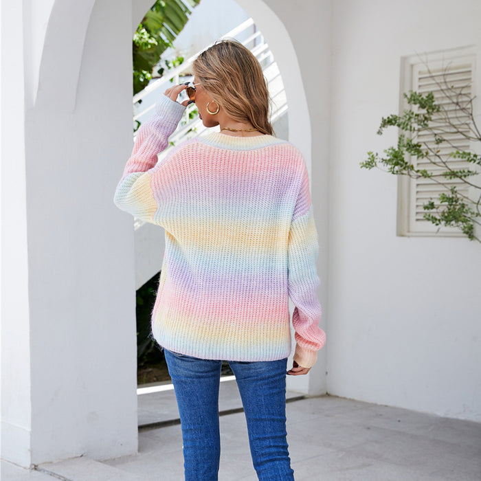 Autumn Winter Women Rainbow Stitching Tie Dyed V neck Pullover Personality Sweater Knitted