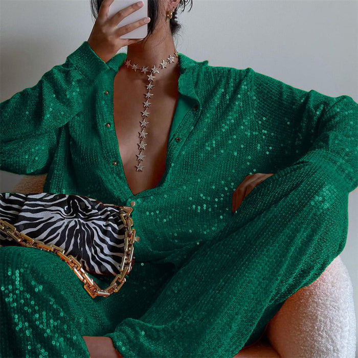 Sequined Long Sleeve Tops Shirt Women  V neck Vest Straight Leg Pants Three Piece Set Sexy Spring Summer   Party Set