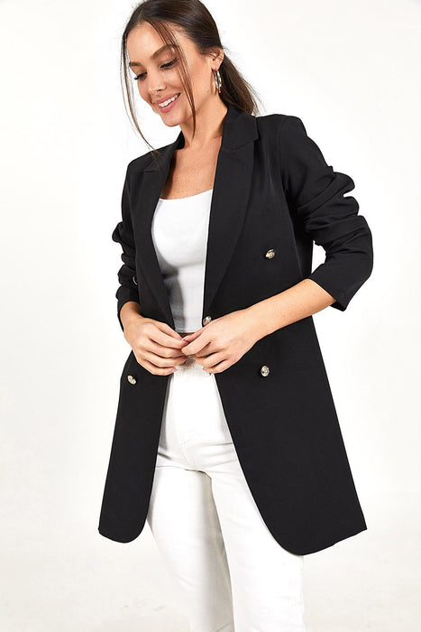 Women Clothing Business Solid Color Casual Double-Breasted Mid-Length Blazer