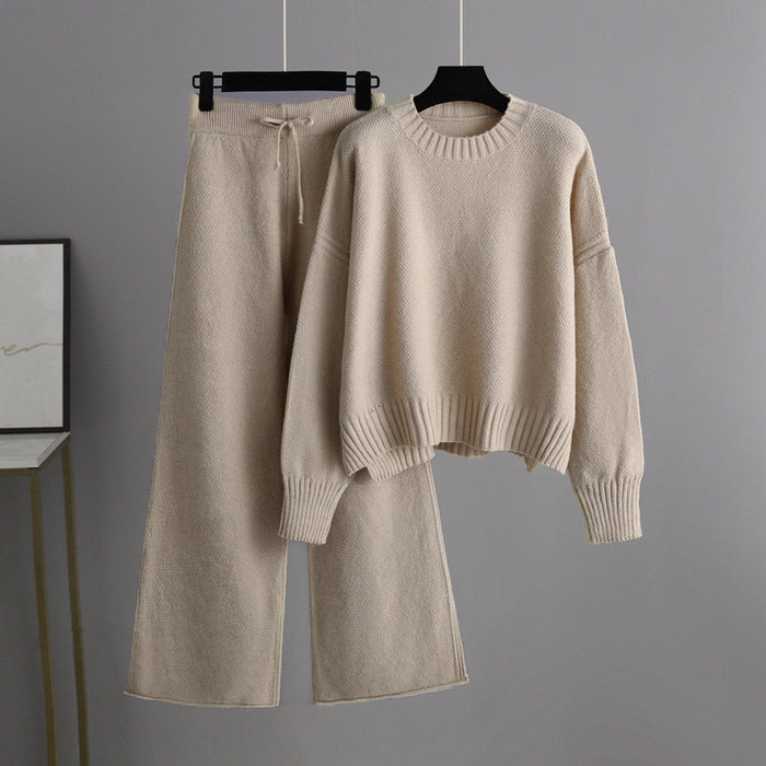 Autumn Winter Casual Knitting Work Pant Women Korean Loose Sweater Wide Leg Pants Pants Two Piece Set