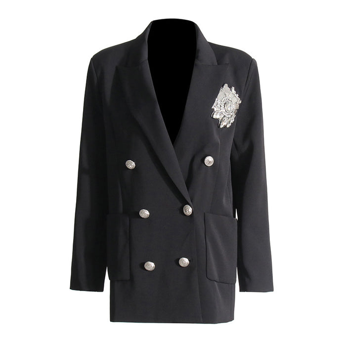 Autumn Elegant Shining Diamond Design Black Office Gold Buckle Profile Blazer Women  Clothing