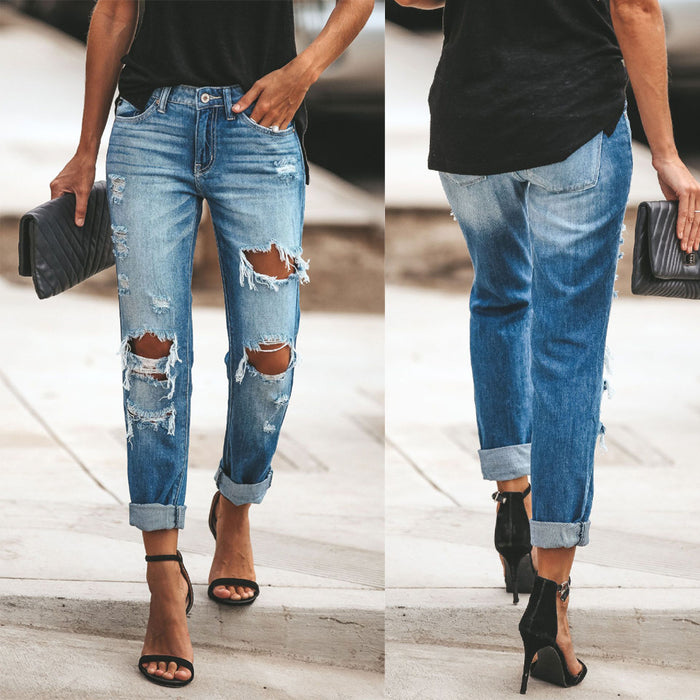 Summer Casual Washed Ripped Straight Street Jeans for Women