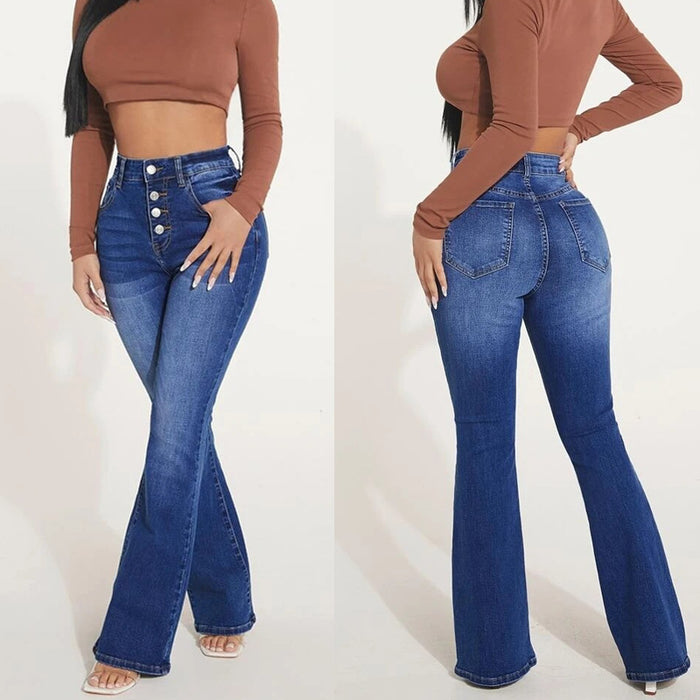 Jeans Women Multi Button Wide Leg Trousers Office Washed Stretch Jeans