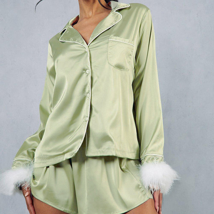 Artificial Silk Ostrich Feather Long Sleeve Shorts Pajamas Two Piece Set Summer Women Outerwear Homewear