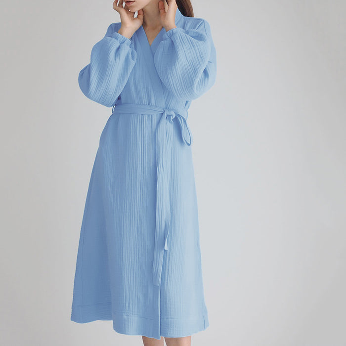 Early Spring French Solid Color Cardigan Nightgown Double Layer Gauze Full Cotton Casual Home Pajamas Women Cotton