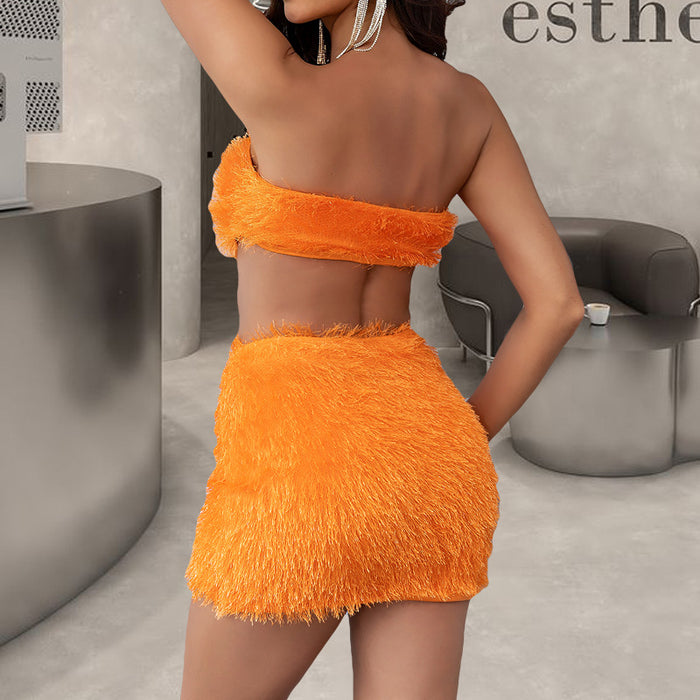 Sexy Solid Color Furry Suit Night Club Sexy Short Tube Top High Waist Hip Wrapped Skirt