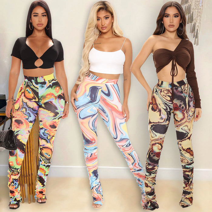 Summer Ladies Skinny Print High Waist Irregular Asymmetric Pleated Women Trousers