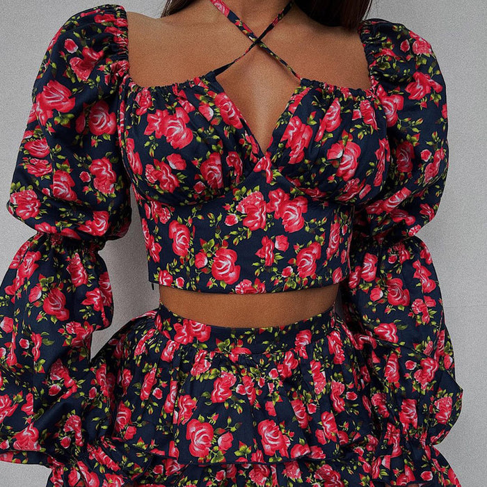 Sexy Floral Suit Long Sleeve Backless Halter Sling Top Puff Short Skirt Two Piece Set