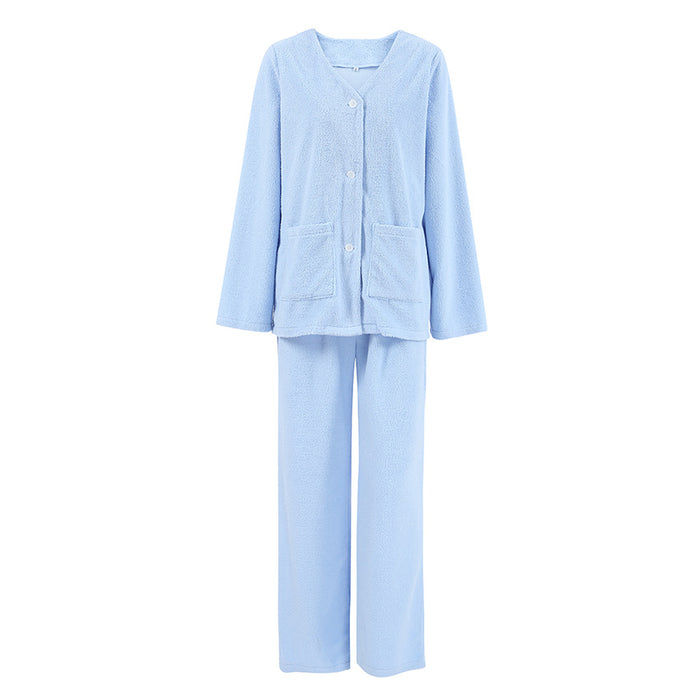 Blue Woolen Comfortable Warm Long Sleeves Pajamas Two Piece Set Exclusive for Ladies Homewear