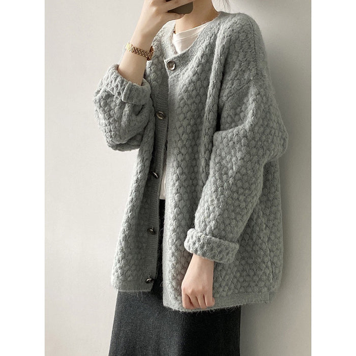 Pineapple Plaid Cardigan Sweater Women Autumn Winter Loose Lazy Knitted Top