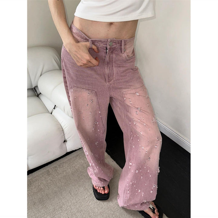 Pink Retro Tattered Jeans Jeans Women Design Straight Loose Slimming Wide Leg Draping Effect Trousers