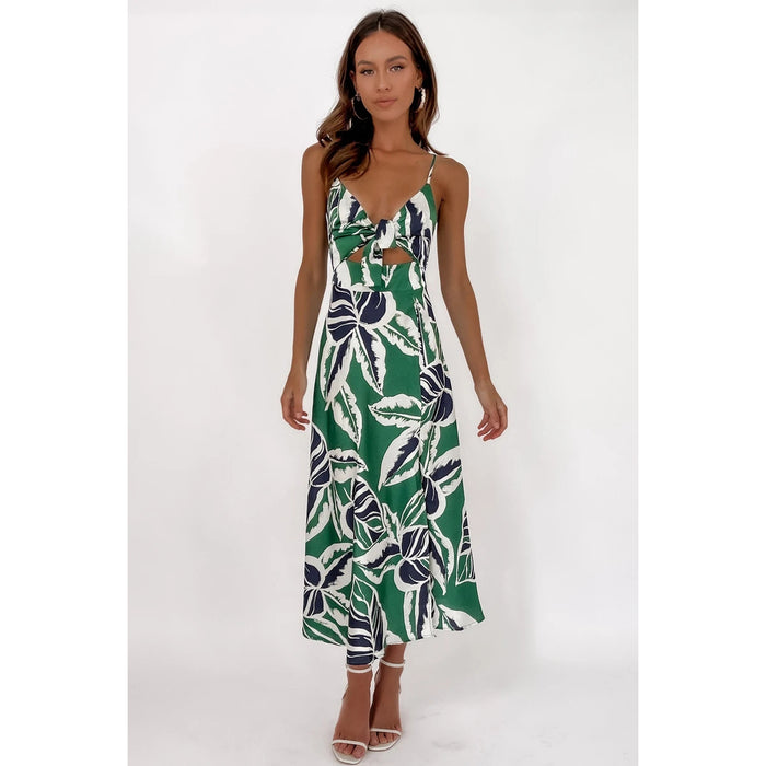 Sundress Spring Summer Leaves Tropical Floral Print Fresh Sweet Tie-Neck Strap Dress