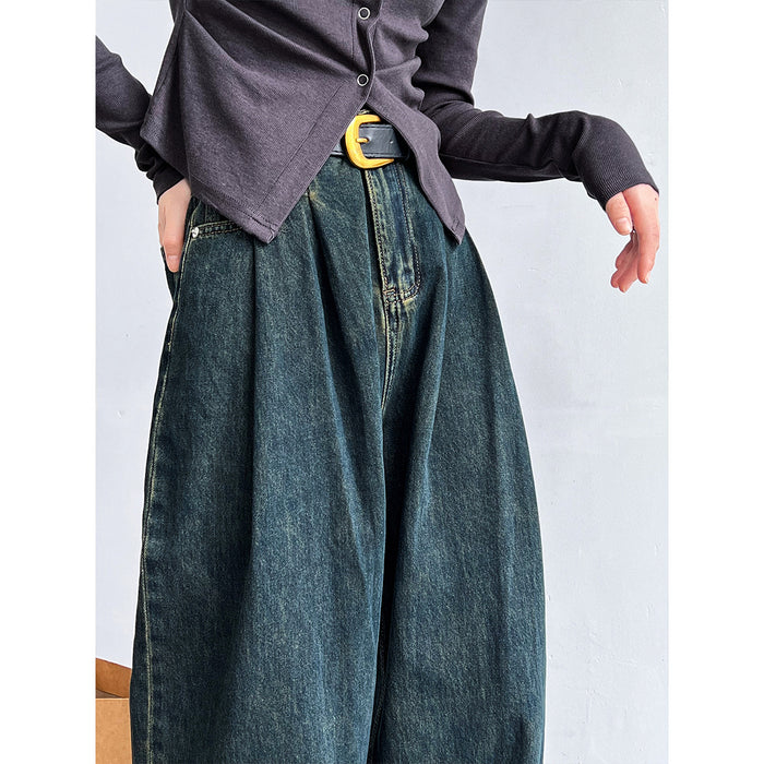 Retro Workwear Khaki Jeans Women  High Grade Casual Wide Leg Draggle Tail Trousers Trendy