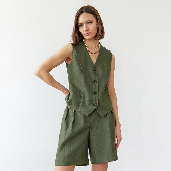 Green Vest Wide Leg Pants Two Piece Loose Summer Casual Cotton Linen Sets Women Clothing