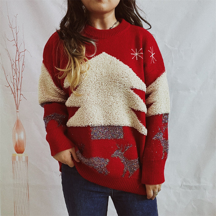 Christmas Tree Jacquard Gold Thread Knitted Round Neck Long Sleeve Loose Pullover Thickened Christmas Sweater for Women