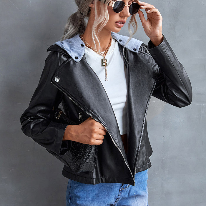 Biker Leather Hooded Detachable Side Zipper Casual Faux Leather Jacket Coat for Women