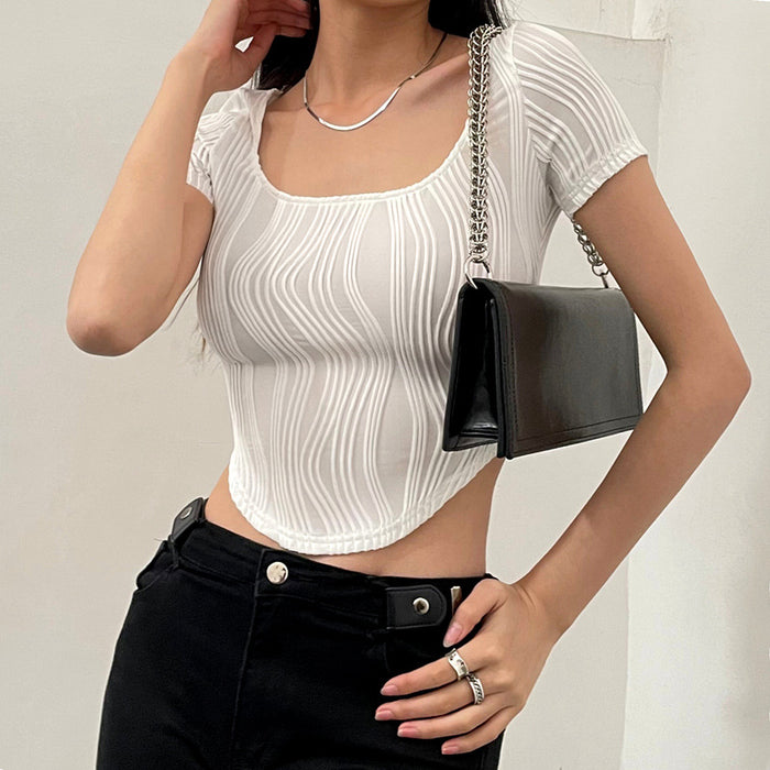 Spring Summer Street Trend U Collar Irregular Asymmetric Stripes Short Sleeve T Shirt Top