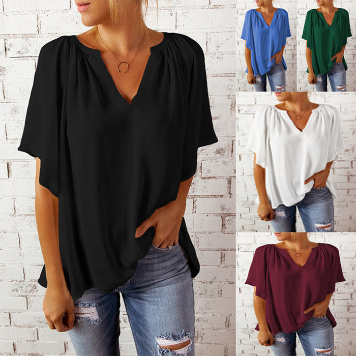 Spring Summer Summer New Loose Half Sleeve T-shirt Ladies V-neck Pullover Top