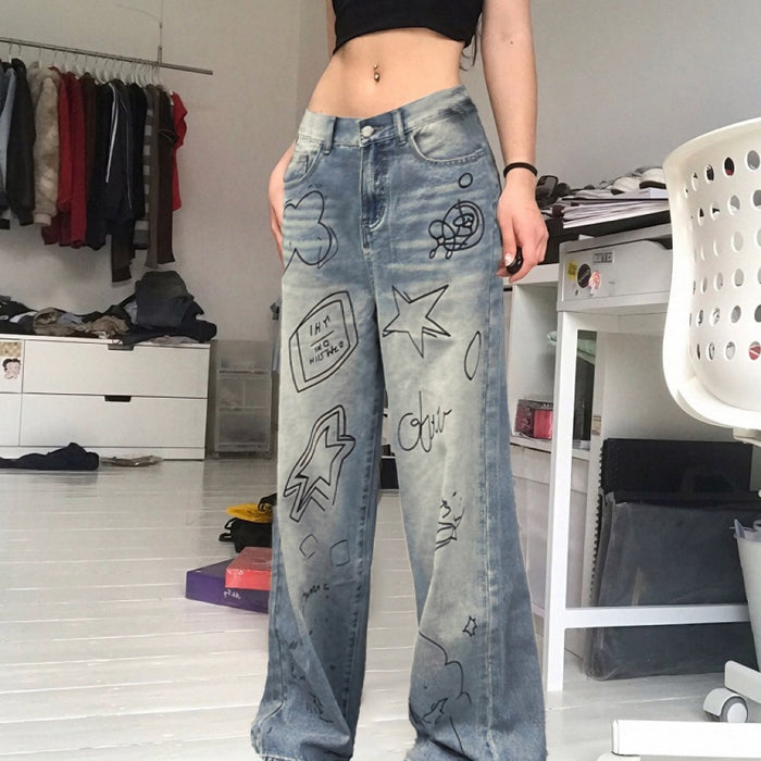 Street Graffiti Washed Blue High Waist Jeans Hip Hop Sexy Loose Mopping Straight Leg Overalls