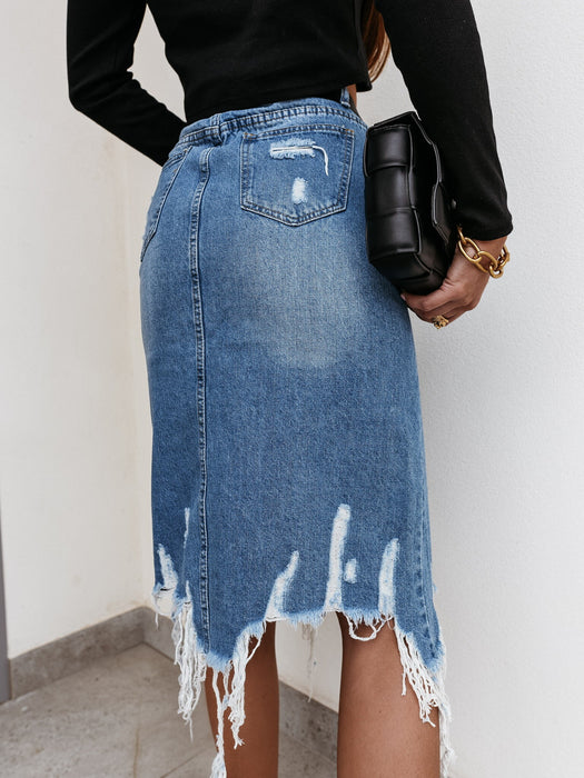 Skirt Women Ripped Skirt High Waist Frayed Loose Split Denim Skirt