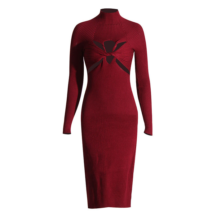 Niche Design Solid Color Sexy Sexy Dress Autumn Winter High Neck Long Sleeve Hollow Out Cutout out Knitted Dress Women