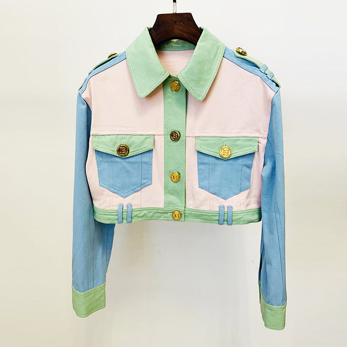 Stars Sweet Macaron Color Matching Short Denim Jacket Coat Two Piece Set Skirt