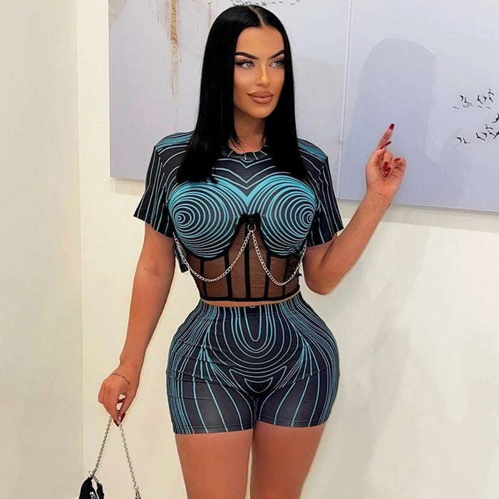 Women  Clothing Boning Corset Mesh See through Chain Stitching Top High Waist Shorts Line Printing Suit Two Piece Set