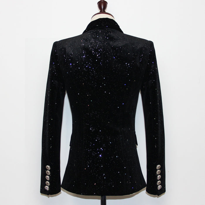 Spring Autumn Blazer  Starry Sequined Silver Buckle Waist Tight Velvet Small Blazer for Women