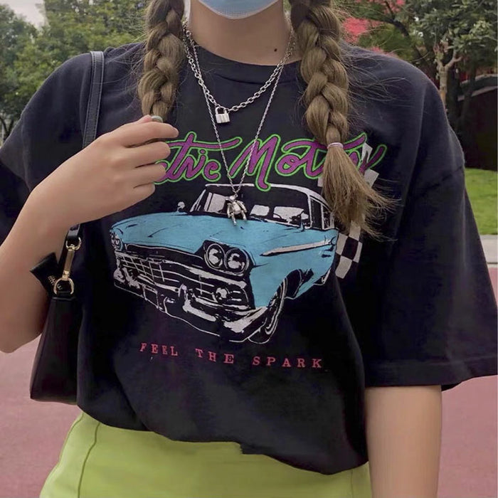 Retro T shirt Women  Blue Car Print Loose Matching round Neck Short Sleeve Internet Celebrity Same Top