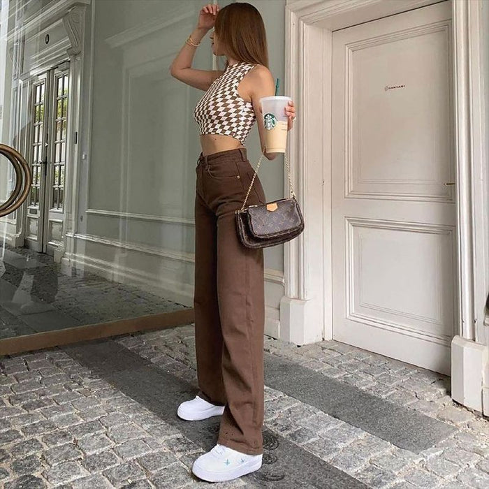 Retro Straight High Waist Slimming Brown Jeans Women  Autumn