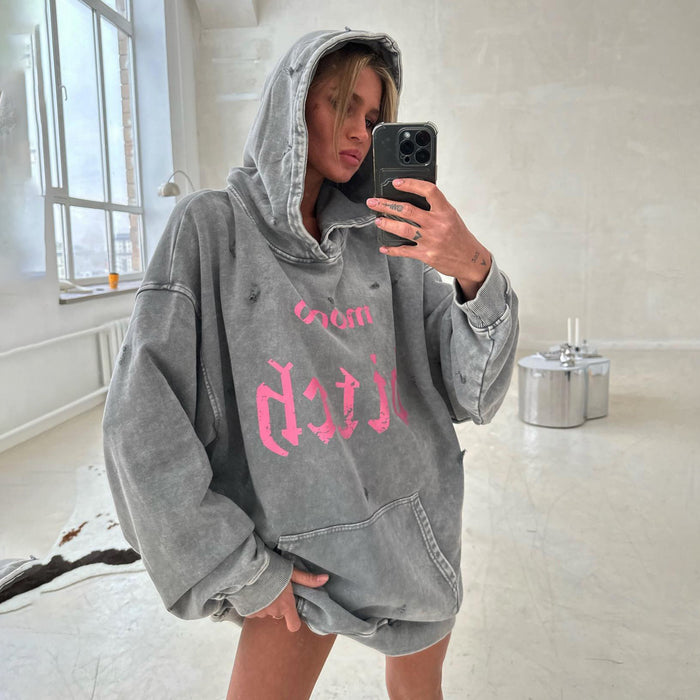 Street Worn Looking Washed-out Broken Letters Printed Hoodie Women Autumn Lazy Loose Pocket Coat