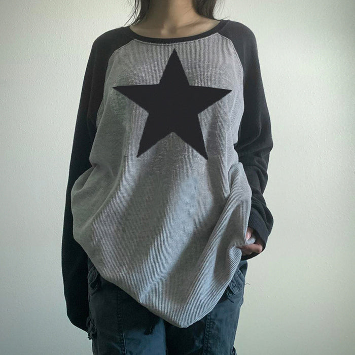 Five Pointed Star Retro Raglan Color Contrast Long Sleeve T Shirt Women Old Neutral Lazy Casual Loose Pullover Top