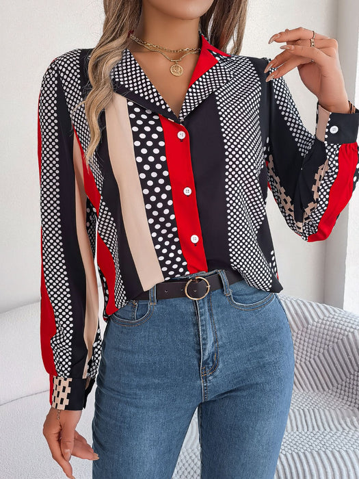 Autumn Winter Commuting Elegant Contrast Color Polka Dot Collar Long Sleeve Shirt Women Clothing