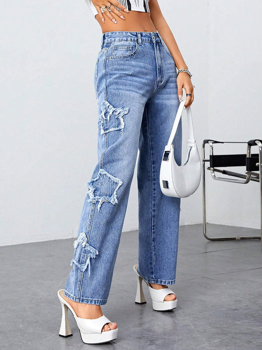 Worn Jeans for Women Irregular Asymmetric XINGX High Waist Straight-Leg Pants Washed Jeans