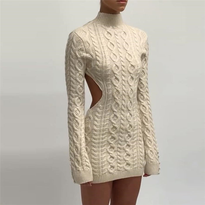 Autumn Fashion Trend Women New Long Sleeve round Neck Backless Slim Fit Hip Knitwear Dress